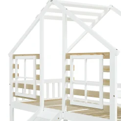 Simple Life Lit cabane superposé avec toboggan, escalier, fenêtres, garde-corps, bois massif, blanc
