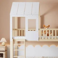 Enfant Blackcolors Lit Cabane Superposé 90x200cm Échelle Toboggan Naturel Blanc
