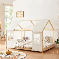 Enfant [En.Casa] Lit cabane Tostedt pour enfant forme maison bois de pin 140 x 200 cm naturel blanc en.casa