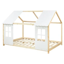 Enfant [En.Casa] Lit cabane Tostedt pour enfant forme maison bois de pin 140 x 200 cm naturel blanc en.casa