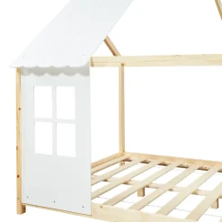 Enfant [En.Casa] Lit cabane Tostedt pour enfant forme maison bois de pin 140 x 200 cm naturel blanc en.casa