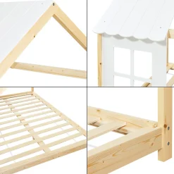 Enfant [En.Casa] Lit cabane Tostedt pour enfant forme maison bois de pin 140 x 200 cm naturel blanc en.casa