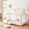 [En.Casa] Lit cabane Tostedt pour enfant forme maison bois de pin 90 x 200 cm rose blanc en.casa Online