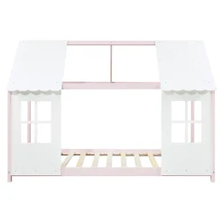 [En.Casa] Lit cabane Tostedt pour enfant forme maison bois de pin 90 x 200 cm rose blanc en.casa Online