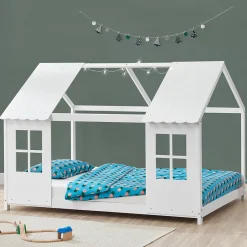 [En.Casa] Lit cabane Tostedt pour enfant forme maison bois de pin 120 x 200 cm blanc en.casa Discount
