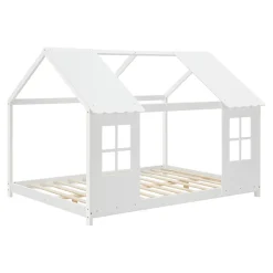 [En.Casa] Lit cabane Tostedt pour enfant forme maison bois de pin 120 x 200 cm blanc en.casa Discount