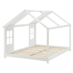 [En.Casa] Lit cabane Tostedt pour enfant forme maison bois de pin 120 x 200 cm blanc en.casa Discount