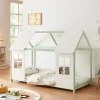 Enfant [En.Casa] Lit cabane Tostedt pour enfant forme maison bois de pin 90 x 200 cm vert menthe blanc en.casa