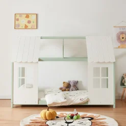 Enfant [En.Casa] Lit cabane Tostedt pour enfant forme maison bois de pin 90 x 200 cm vert menthe blanc en.casa