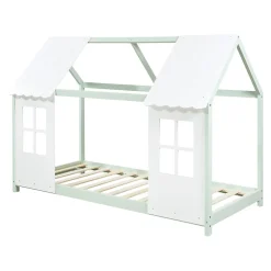 Enfant [En.Casa] Lit cabane Tostedt pour enfant forme maison bois de pin 90 x 200 cm vert menthe blanc en.casa