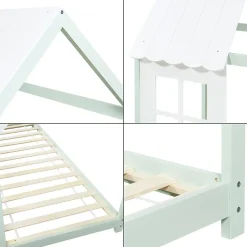 Enfant [En.Casa] Lit cabane Tostedt pour enfant forme maison bois de pin 90 x 200 cm vert menthe blanc en.casa