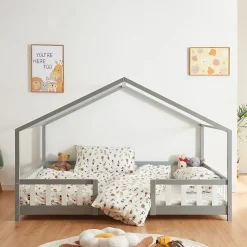 [En.Casa] Lit cabane Treviolo avec matelas à mousse froid 200 x 120 cm gris clair / blanc en.casa