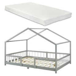 [En.Casa] Lit cabane Treviolo avec matelas à mousse froid 200 x 120 cm gris clair / blanc en.casa