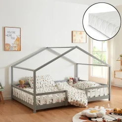 [En.Casa] Lit cabane Treviolo avec matelas à mousse froid 200 x 120 cm gris clair / blanc en.casa