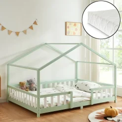 [En.Casa] Lit cabane Treviolo avec matelas à mousse froid 200 x 140 cm vert menthe / blanc en.casa Clearance