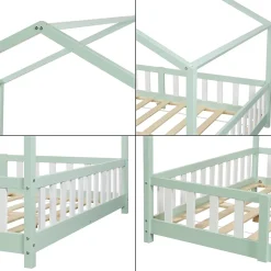 [En.Casa] Lit cabane Treviolo avec matelas à mousse froid 200 x 140 cm vert menthe / blanc en.casa Clearance
