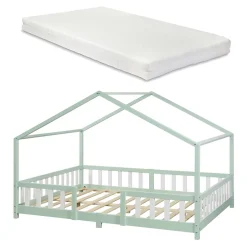 [En.Casa] Lit cabane Treviolo avec matelas à mousse froid 200 x 140 cm vert menthe / blanc en.casa Clearance