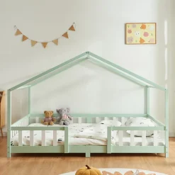 [En.Casa] Lit cabane Treviolo avec matelas à mousse froid 200 x 140 cm vert menthe / blanc en.casa Clearance