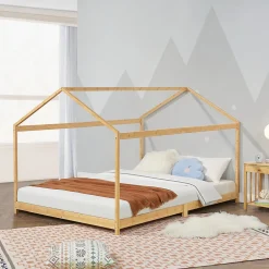 Enfant [En.Casa] Lit cabane Vindafjord pour enfant 140 x 200 cm forme maison bambou naturel en.casa