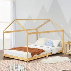 [En.Casa] Lit cabane Vindafjord pour enfant 90 x 200 cm forme maison bambou naturel en.casa New
