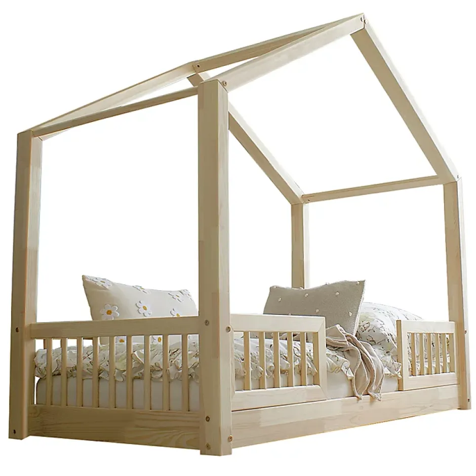 Petits-Meubles Lit cabane 90x190 barrières et sommier inclus pieds 1 cm Iris Bois Clearance