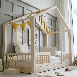Petits-Meubles Lit cabane 90x190 barrières et sommier inclus pieds 1 cm Iris Bois Clearance