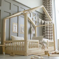 Petits-Meubles Lit cabane 90x190 barrières et sommier inclus pieds 1 cm Iris Bois Clearance
