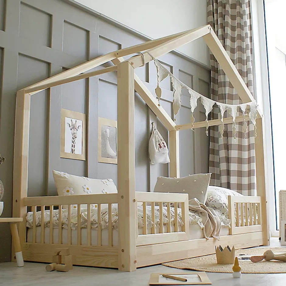 Petits-Meubles Lit cabane 90x190 barrières et sommier inclus pieds 1 cm Iris Bois Clearance