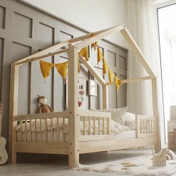 Enfant Petits-Meubles Lit cabane 90x200 barrières et sommier inclus pieds 10 cm Iris Bois