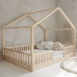 Enfant Petits-Meubles Lit cabane 140x200 barrières et sommier inclus pieds 1 cm Roxane Bois