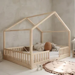 Enfant Petits-Meubles Lit cabane 140x200 barrières et sommier inclus pieds 1 cm Roxane Bois