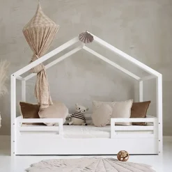 Petits-Meubles Lit cabane 90x200 barrières et sommier inclus pieds 1 cm Lucile Blanc Discount