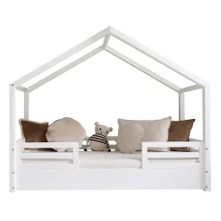 Petits-Meubles Lit cabane 90x200 barrières et sommier inclus pieds 1 cm Lucile Blanc Discount