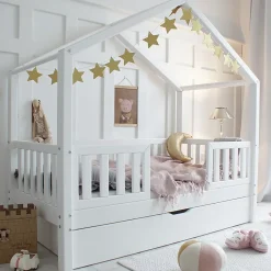Petits-Meubles Lit cabane 90x190 barrières sommier et tiroir inclus Roxane Blanc Discount