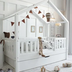 Petits-Meubles Lit cabane 90x190 barrières sommier et tiroir inclus Roxane Blanc Discount