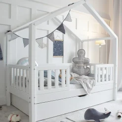 Petits-Meubles Lit cabane 90x190 barrières sommier et tiroir inclus Roxane Blanc Discount