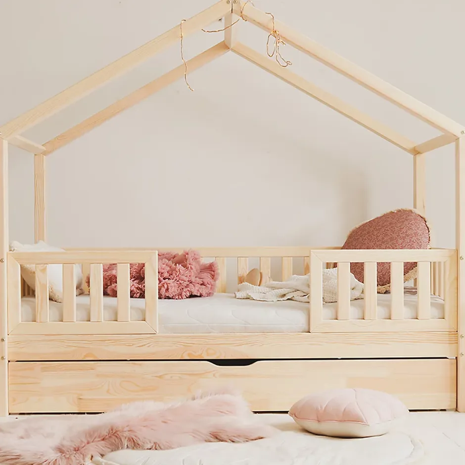 Petits-Meubles Lit cabane 90x190 barrières sommier et tiroir inclus Roxane Bois Sale
