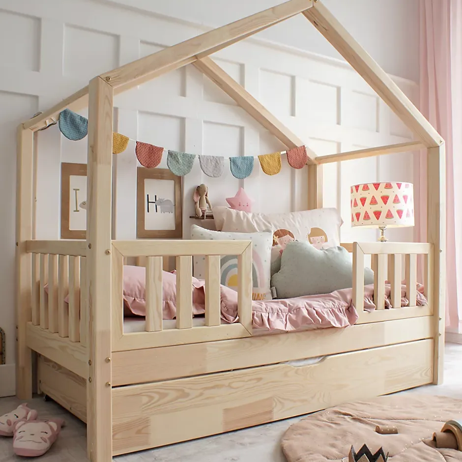 Petits-Meubles Lit cabane 90x190 barrières sommier et tiroir inclus Roxane Bois Sale