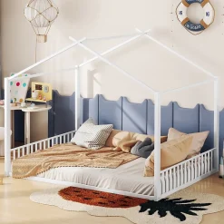 Okwish Lit Cabane 140x200 cm - Lit enfant avec Sommier à Lattes - Métal - Sans Matelas - Blanc