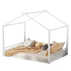 Okwish Lit Cabane 140x200 cm - Lit enfant avec Sommier à Lattes - Métal - Sans Matelas - Blanc