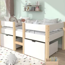 Okwish Lit cabane 90x190 cm - Lit mi-hauteur avec protection antichute et 2 tiroirs - Bois massif - Sans Matelas - Blanc Best
