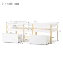 Okwish Lit cabane 90x200 cm - Lit mi-hauteur avec protection antichute et 2 tiroirs - Bois massif - Sans Matelas - Blanc