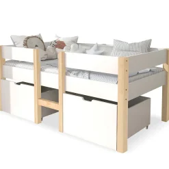 Okwish Lit cabane 90x200 cm - Lit mi-hauteur avec protection antichute et 2 tiroirs - Bois massif - Sans Matelas - Blanc