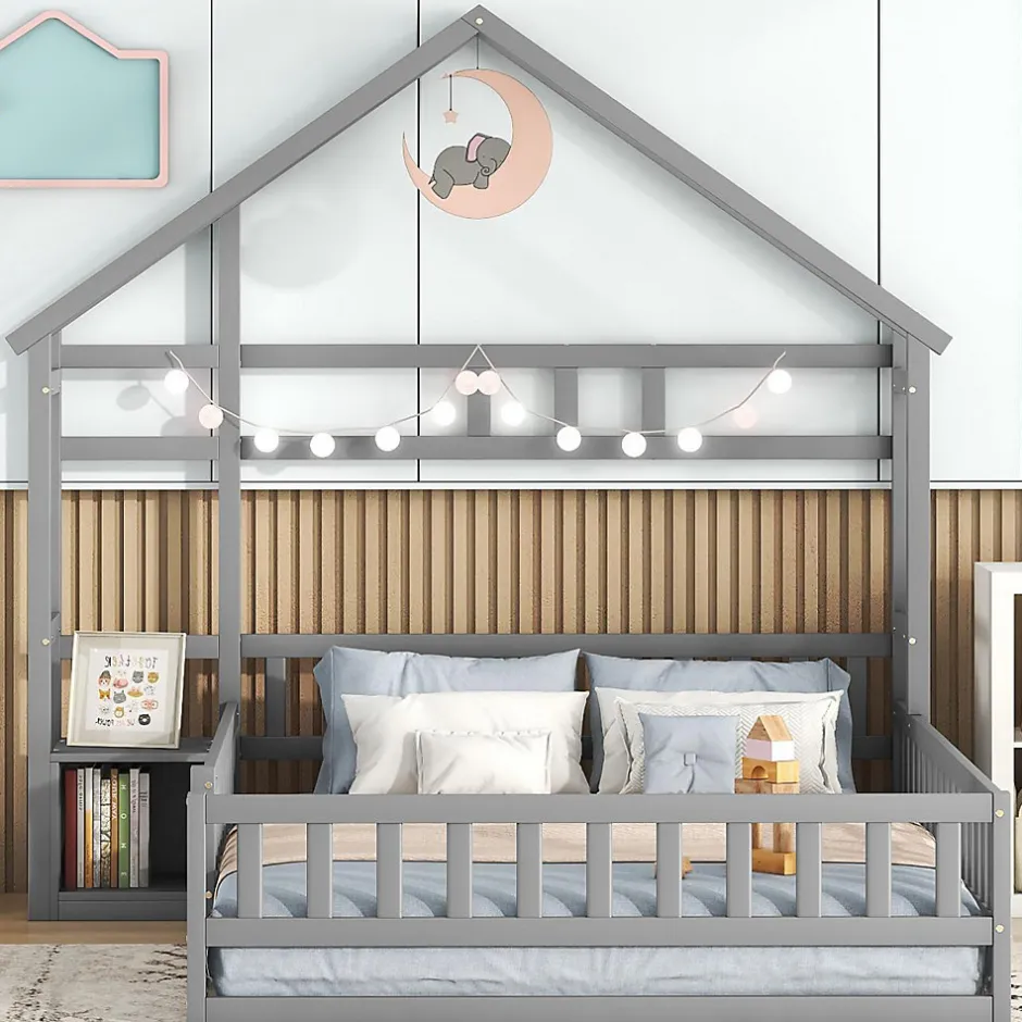 ProximaX Lit cabane 140x200 cm avec table de chevet, barrières de sécurité, sommier à lattes, cadre en bois, gris