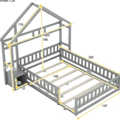 ProximaX Lit cabane 140x200 cm avec table de chevet, barrières de sécurité, sommier à lattes, cadre en bois, gris