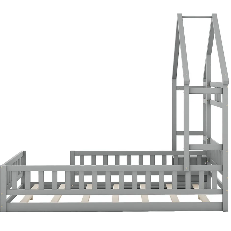 ProximaX Lit cabane 140x200 cm avec table de chevet, barrières de sécurité, sommier à lattes, cadre en bois, gris