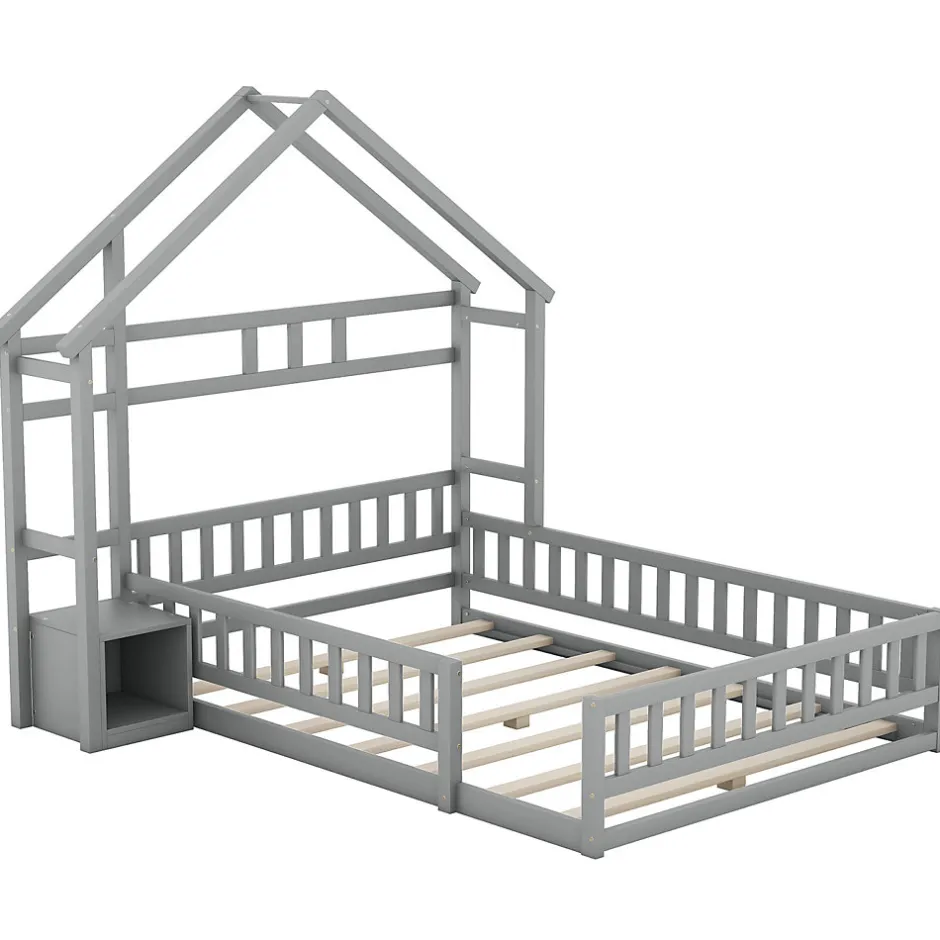 ProximaX Lit cabane 140x200 cm avec table de chevet, barrières de sécurité, sommier à lattes, cadre en bois, gris