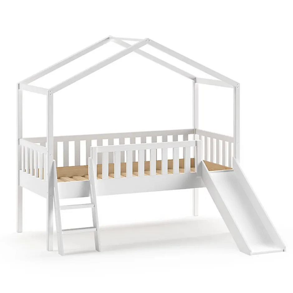 Petits-Meubles Lit cabane 90x200 toboggan sommier inclus Vipack Dallas Blanc New