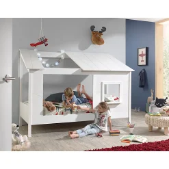 Enfant Petits-Meubles Lit Cabane 90x200 toit semi-ouvert et fenêtre Sommier inclus Vipack HouseBed - Blanc