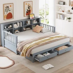 Redom Lit canapé extensible bois massif 90 180 par 190 cm rangement prise deux tiroirs sommier multifonction pin gris 1 Outlet